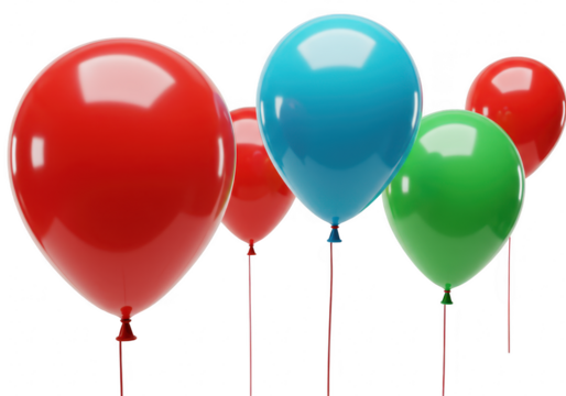Several colorful balloons, including red, blue, and green, are captured midflight against a transparent background