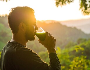 Man drinking green smoothie outdoors