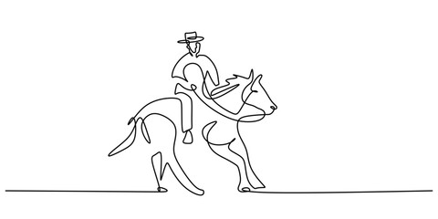 Man in a hat riding a horse, one continuous line drawing. Minimalist vector for a western design.