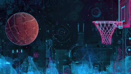 Futuristic basketball scene with glowing net and ball