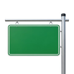 Obraz premium A blank green rectangular road sign with a white border hangs from a sturdy metal pole. It offers a clear space for custom text or directional information.