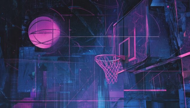 Abstract digital art of a basketball hoop and ball, glowing neon pink and blue