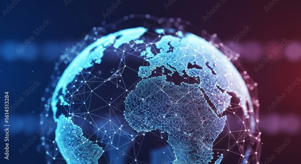 Poster global digital earth with data network lines and tech particles representing internet, worldwide con