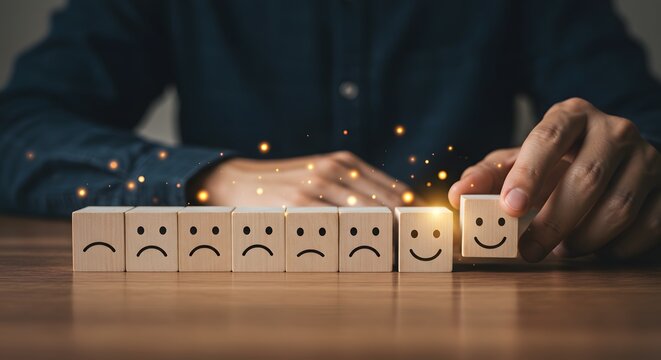 Customer Experience and Satisfaction Concept. Hand of businessman choosing a happy face smile on cube, positive emotion, mental health assessment, customer service evaluation