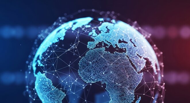 Global Digital Earth with Data Network Lines and Tech Particles Representing Internet, Worldwide Connectivity, AI, and Cloud Infrastructure Concept
