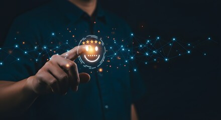 Customer Satisfaction Survey Concept: Person Touching Smiley Face with 5 Star Rating