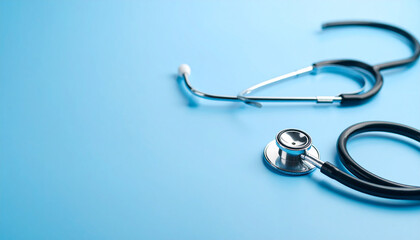 Close up of a medical stethoscope on a light blue surface healthcare concept