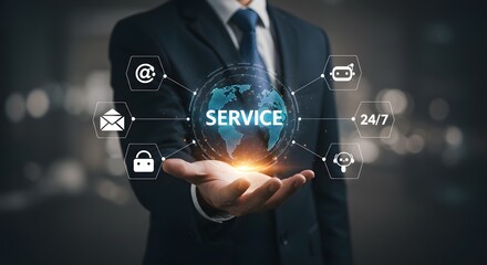 Customer Service Concept: Businessman Holding Digital Service Icons