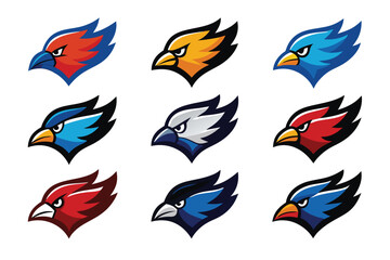 Vector art of nine colorful eagle head logos isolated on white background for branding purposes