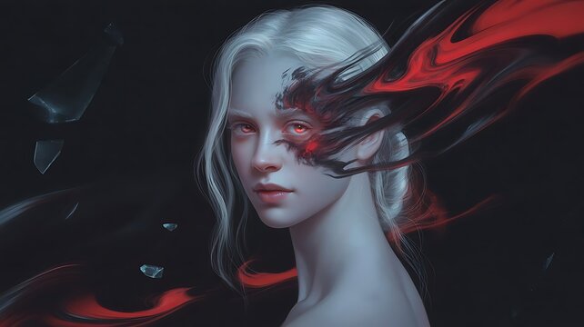 Portrait of a pale woman with red eyes and dark red smoke around her face art
