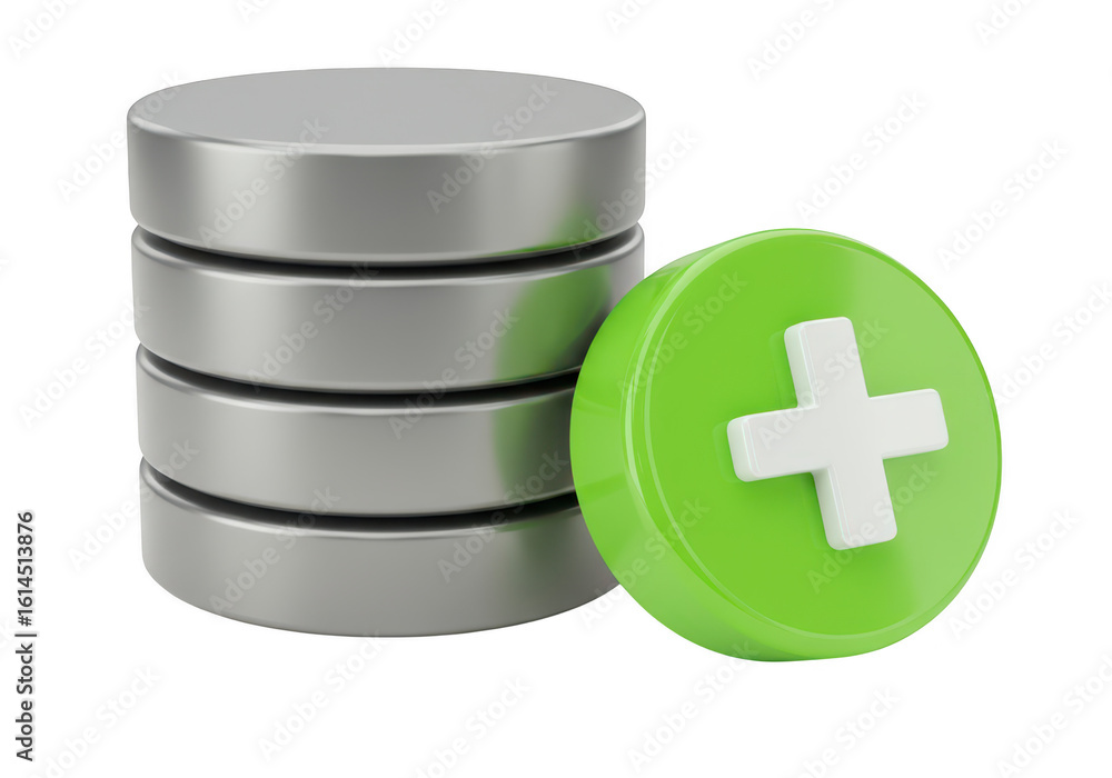 Aufkleber a stack of metallic databases is next to a green circle with a white plus sign isolated on transpare