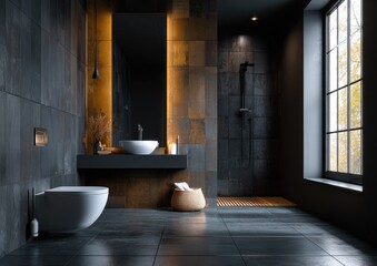 Modern dark bathroom with rust-toned accents, large window, and walk-in shower