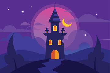 Haunted Castle with Crescent Moon Halloween Vector
