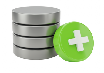 A stack of metallic databases is next to a green circle with a white plus sign isolated on transparent background