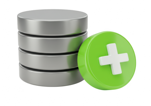 A stack of metallic databases is next to a green circle with a white plus sign isolated on transparent background
