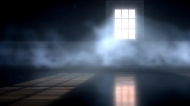 Ethereal Light Beams Through a Window in a Dark Room with Smoky Atmosphere Creates a Mysterious and Tranquil Indoor Scene