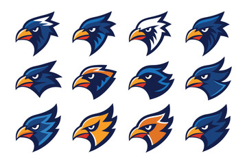 Vector art of collection of colorful eagle bird head logos isolated on white background