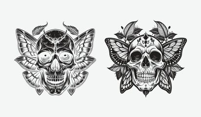 Intricate skull and butterfly wing design silhouette isolated on white background