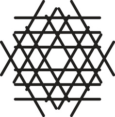 Abstract geometric pattern featuring intersecting lines forming triangles and hexagons, creating a complex, symmetrical design.