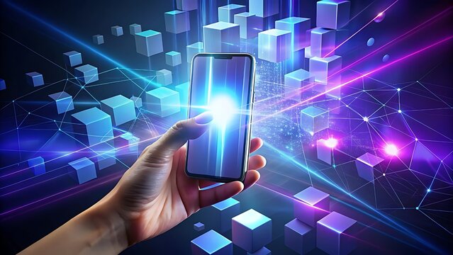 Hand holding a glowing smartphone with abstract digital network background - Powered by Adobe
