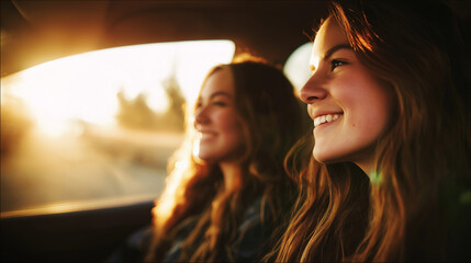 Two young women smiling in a car during golden hour, capturing joy and travel moments.