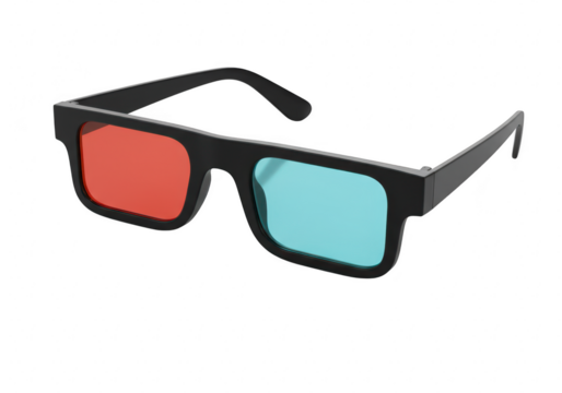 A pair of black 3d glasses with red and blue lenses, isolated on transparent background