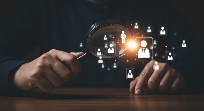 Human Resources and Recruitment Concept: Man Using Magnifying Glass on People Icons