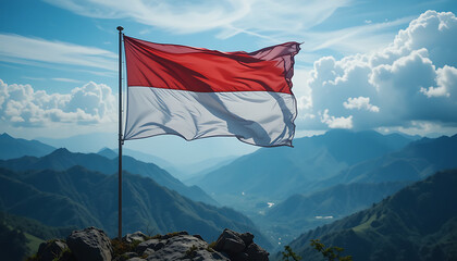 A waving Indonesian flag high atop a mountain range, overlooking a valley.