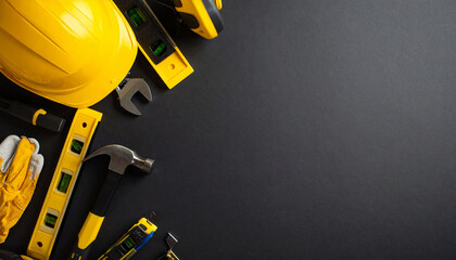 Construction tools and equipment arranged on a black background with copy space for text