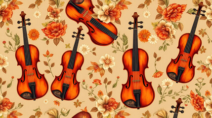 Seamless pattern of violins with floral elements in vintage artistic style