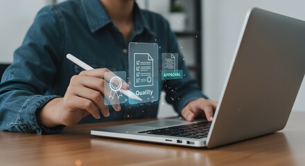 Quality Assurance and Approval: Businessperson Using Laptop, Digital Certification, Quality Control