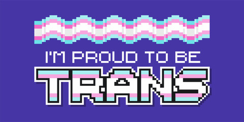 Transgender Typography Text on Trans Flag Color with Wavy Flag, Pixel Art Style Banner Sign