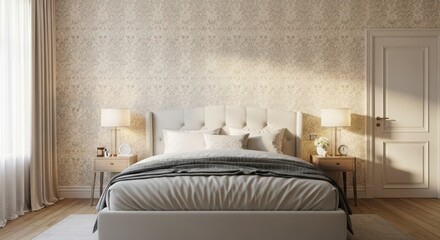 A cozy and elegant bedroom with soft lighting and patterned wallpaper