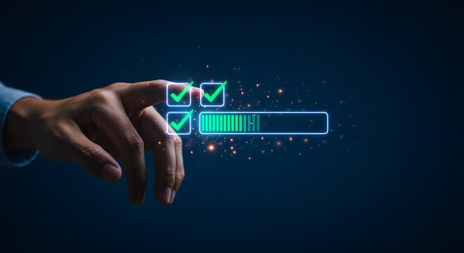 Progress Bar and Checkmarks Concept: Digital Transformation, Success, and Completion