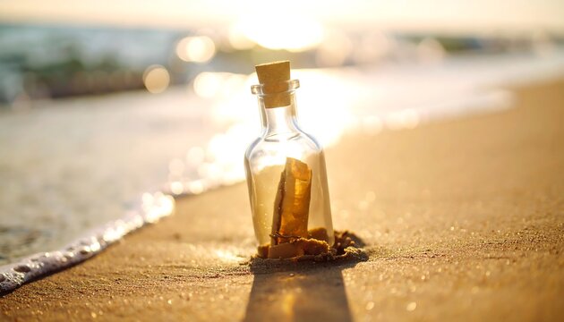 Message in a bottle on a beach at sunset