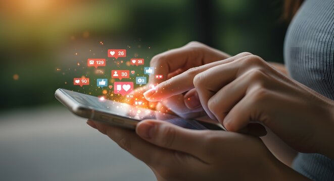 Social Media Engagement: Person Using Smartphone with Like, Comment, and Share Icons