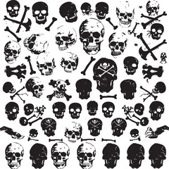 Fototapeta premium Skeletons. Large set of skulls, bones and pirate symbols , black silhouettes isolated on white background 