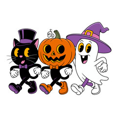 Cartoon halloween characters walking together isolated on white background