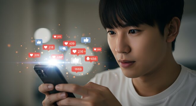 Young Asian Man Using Smartphone with Social Media Notifications
