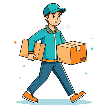 Cartoon courier character carrying delivery boxes - vector illustration