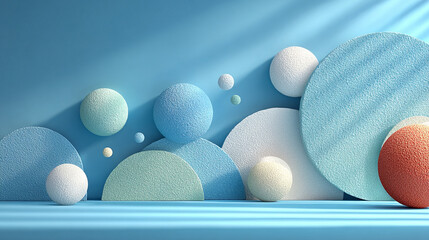 Playful pastel 3D cloud podium with geometric shapes and soft textures for product presentation.