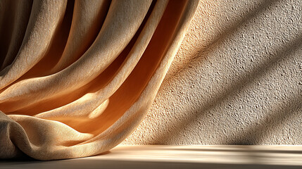Luxurious textile curtain in sunlight casting shadows on rough plaster wall and wood floor.