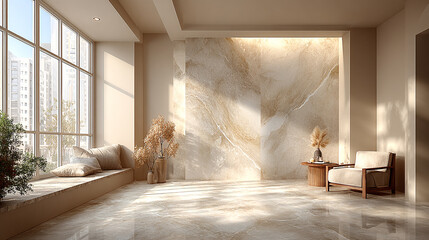 Elegant modern living space with marble wall, large windows, neutral decor, and sunlight shadows.