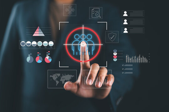 Business intelligence concepts. Futuristic interface showing customer data analytics and AI-driven target audience identification. Ideal for marketing, CRM