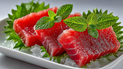 Fresh tuna sashimi on ice garnished with mint and shiso leaves in elegant white dish.