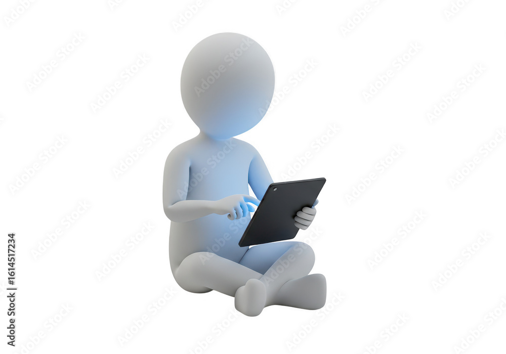 Poster 3d figure sitting and using a tablet computer, isolated on transparent background