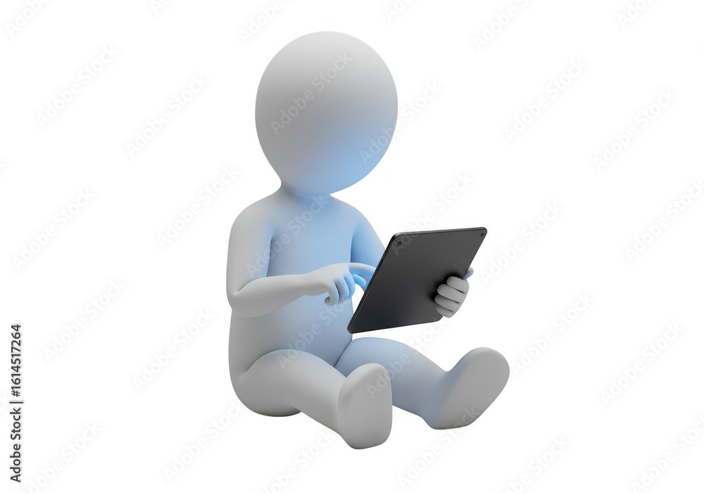 Poster 3d figure sitting and using a tablet computer, isolated on transparent background