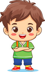 A cute cartoon boy with brown hair smiling confidently with his arms crossed.