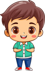 A cute cartoon illustration of a young boy with big brown eyes, wearing a green shirt and smiling happily.