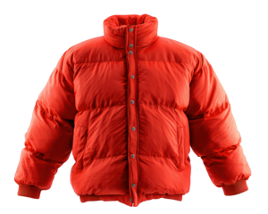 Red puffer jacket cropped style high neck insulated warm winter fashion casual outerwear bright color cozy modern design for cold weather